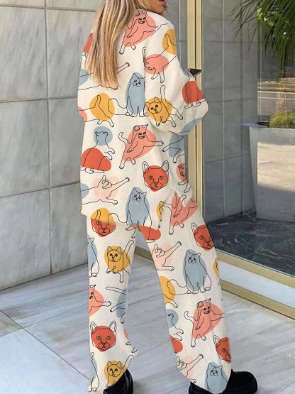 Women's Multicolor Cat Print V-Neck Suit