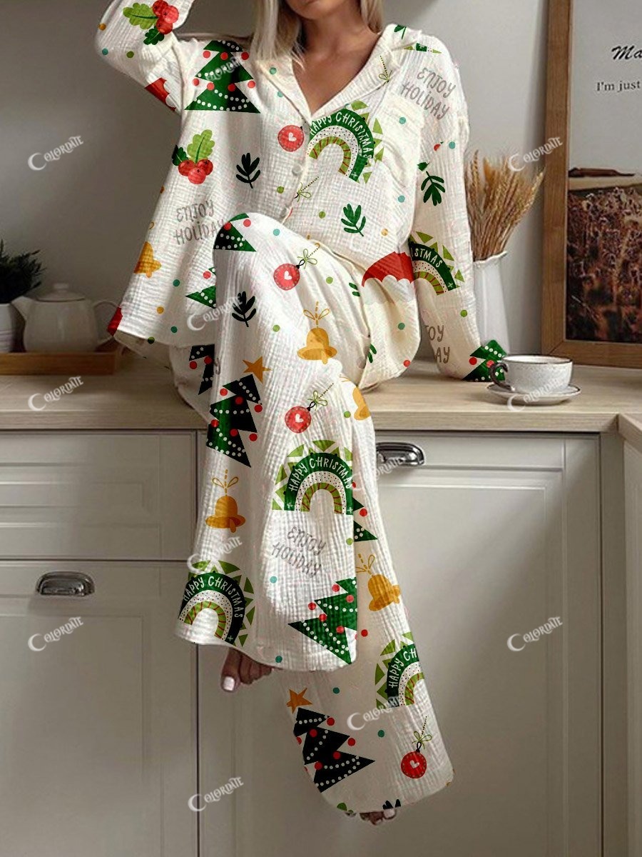 Women's Christmas Tree Rainbow Bell Print Cardigan Homewear Set