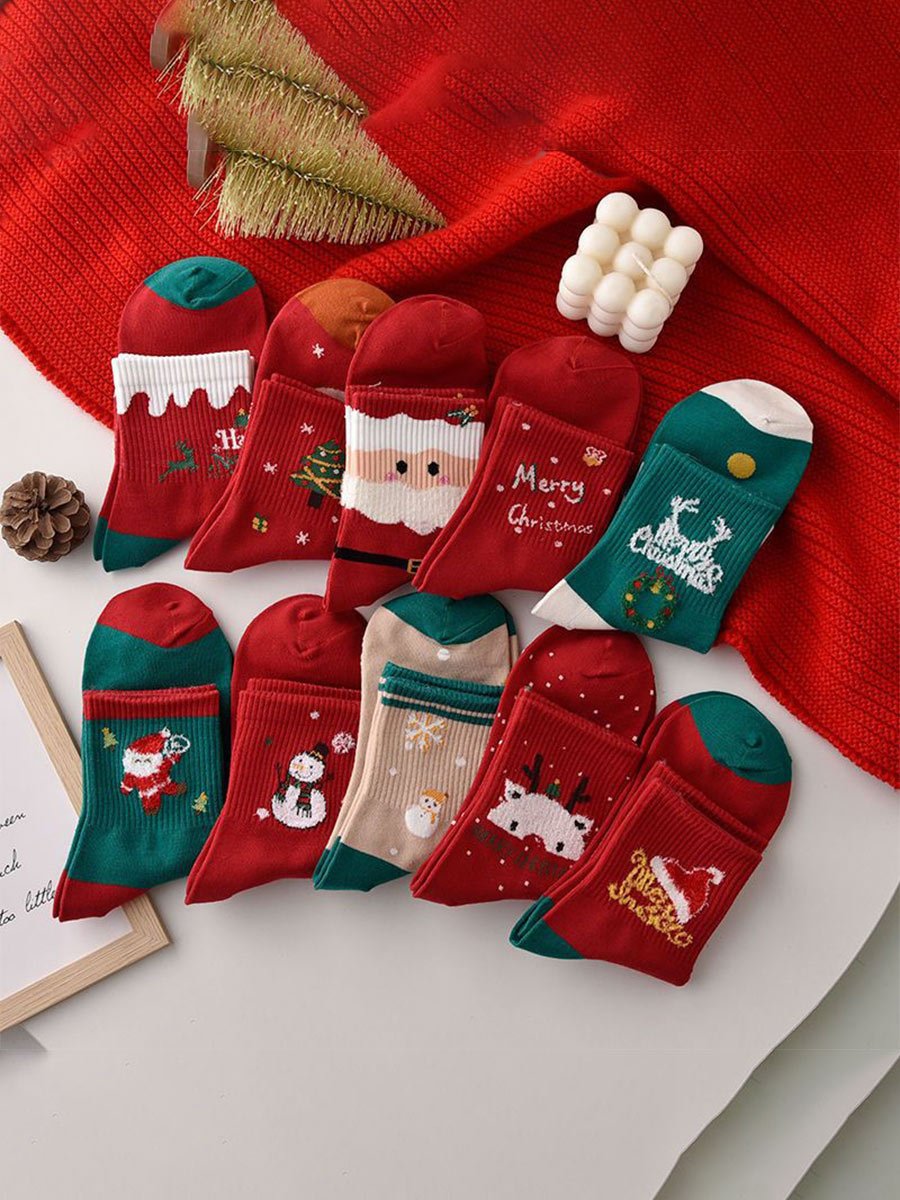 Women's Christmas Mid-Tube Santa Elk Five Pairs Socks