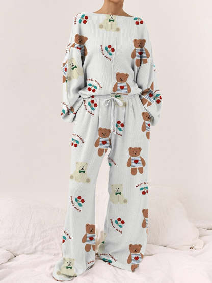 Women's Cherry Teddy Bear Casual Linen Cotton Set