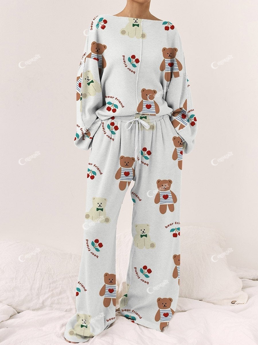 Women's Cherry Teddy Bear Casual Linen Cotton Set