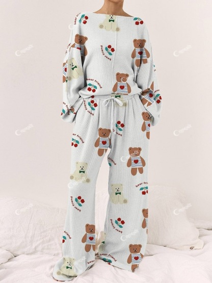 Women's Cherry Teddy Bear Casual Linen Cotton Set