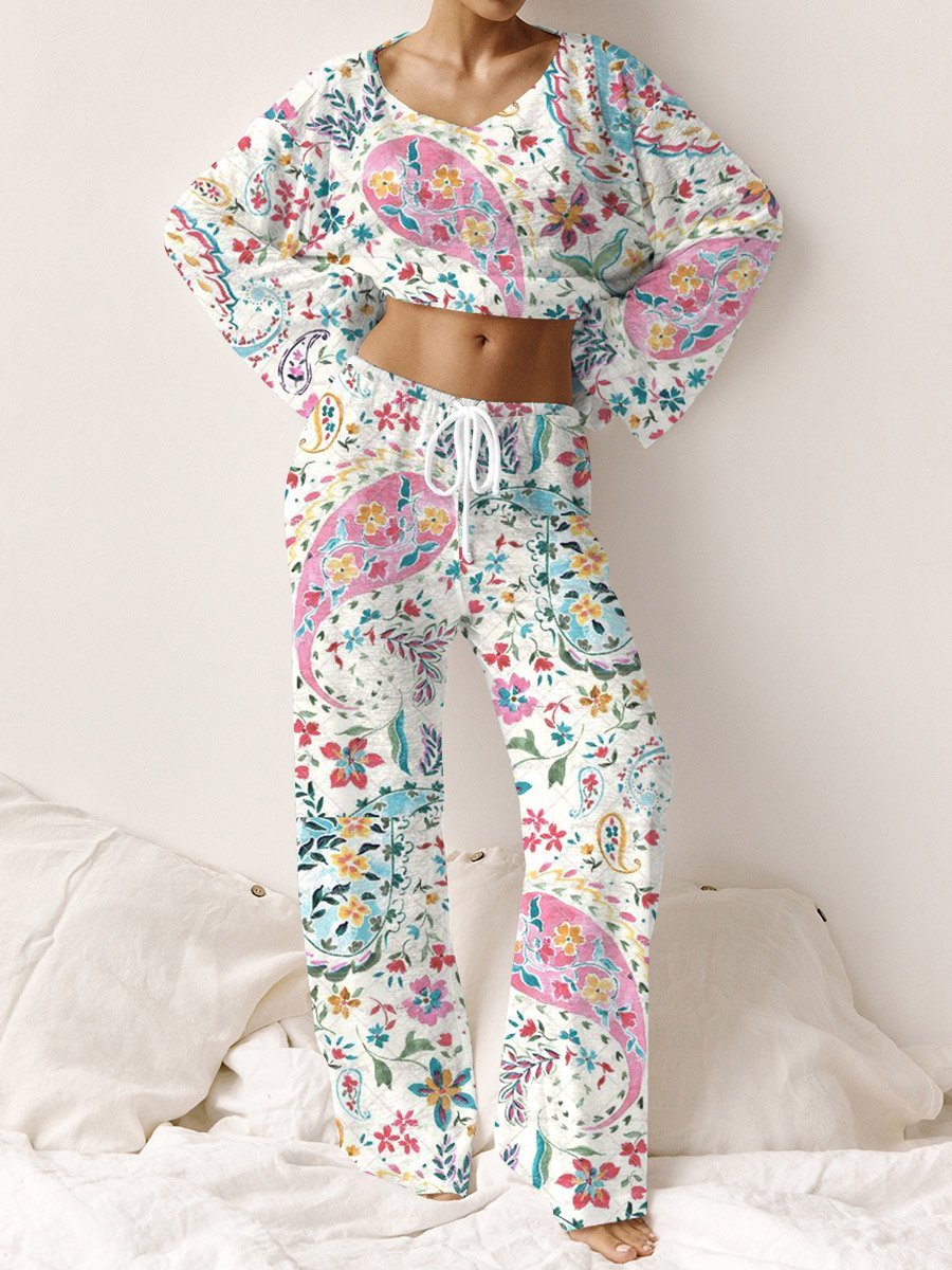 Women's Bohemian Art Floral Print Lounge Long Sleeve Suit