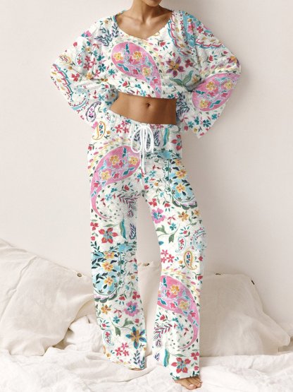 Women's Bohemian Art Floral Print Lounge Long Sleeve Suit