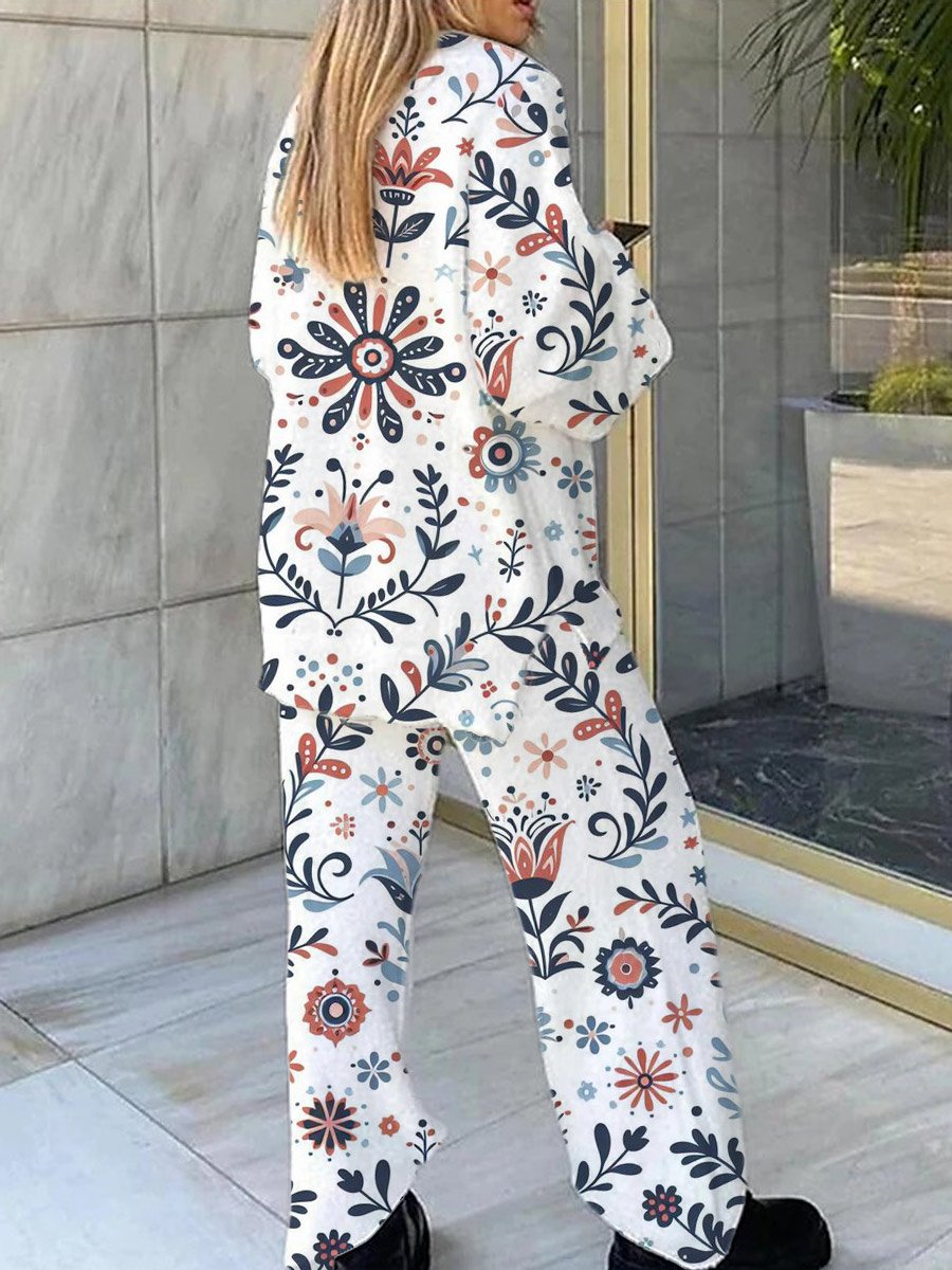 Women's Bohemian Art Painting Printed Home Long Sleeve Suit