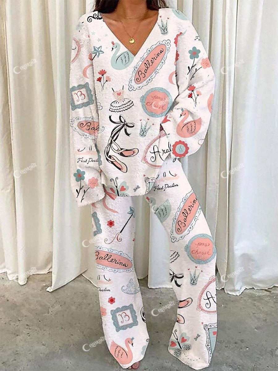 Women's Elegant Ballet Skirt Swan Print Long Sleeve V-Neck Suit