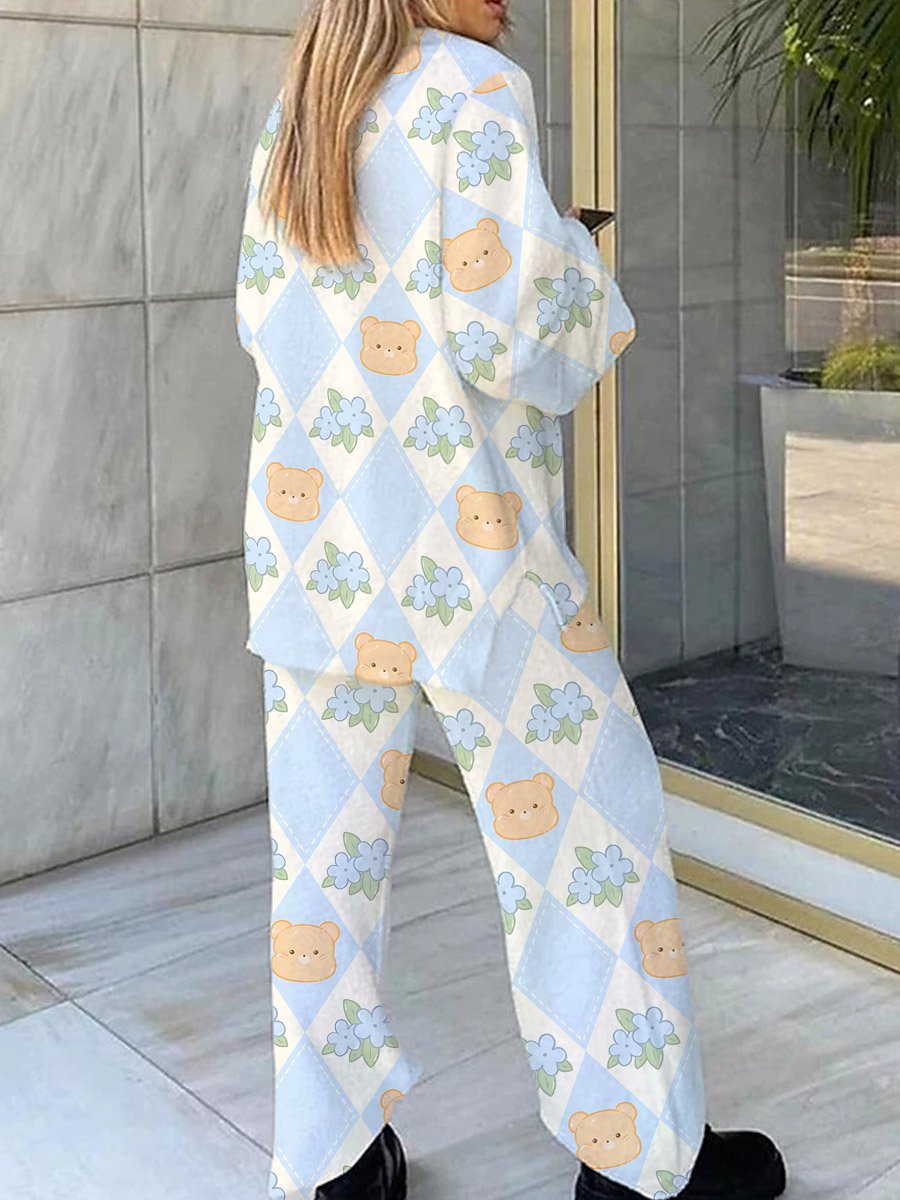 Women's Bear Floral Plaid Print V-Neck Long Sleeve Suit