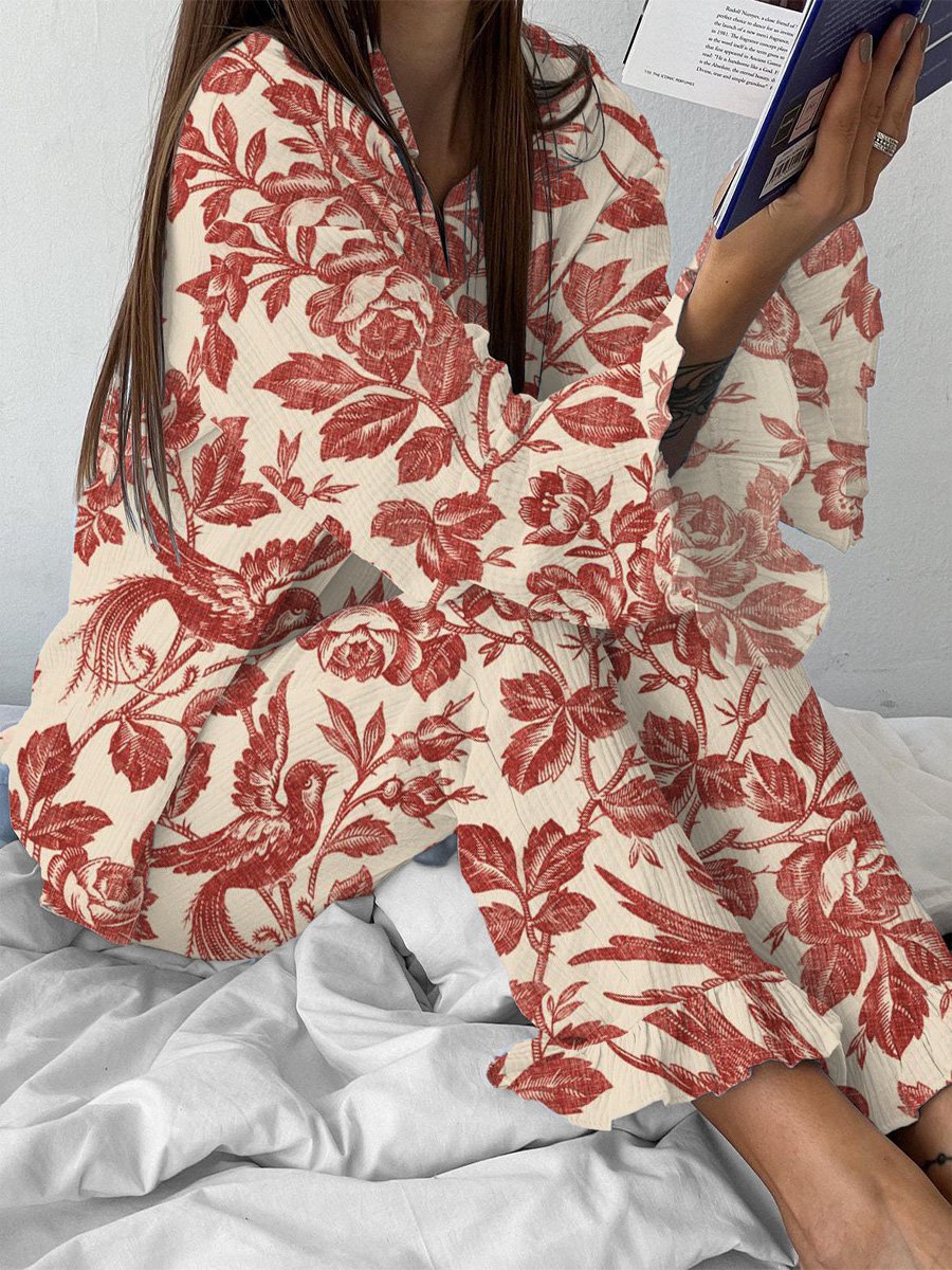 Women's Colored Pencil Flower And Bird Print Pajamas Set