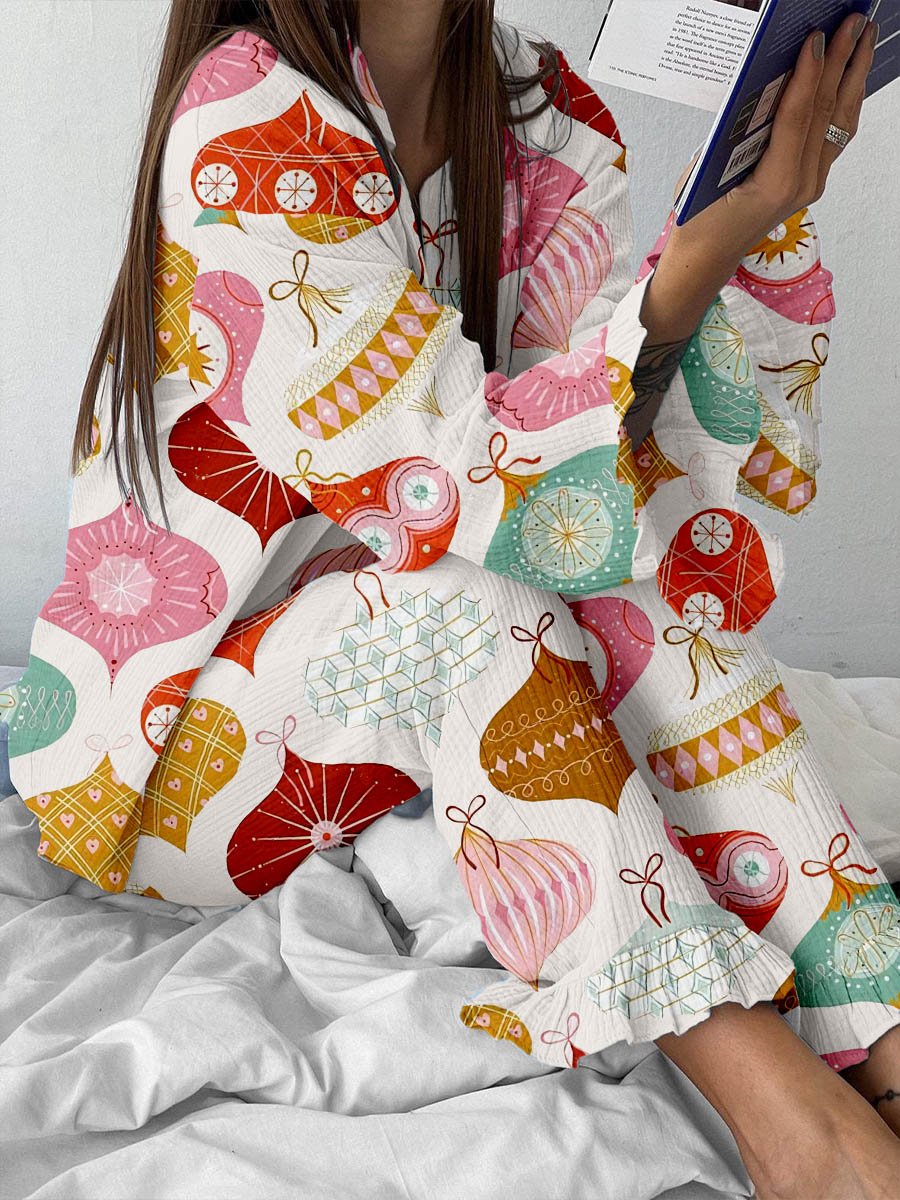 Women's Simple Christmas Lantern Print Linen Cotton Ruffled Suit