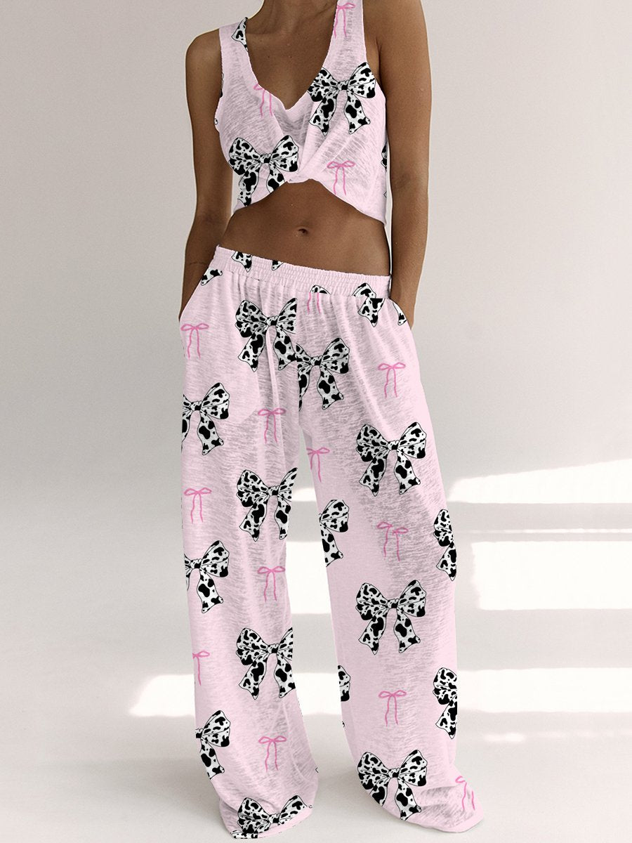 Women's Cow Bow Short Sleeve Pants Suit