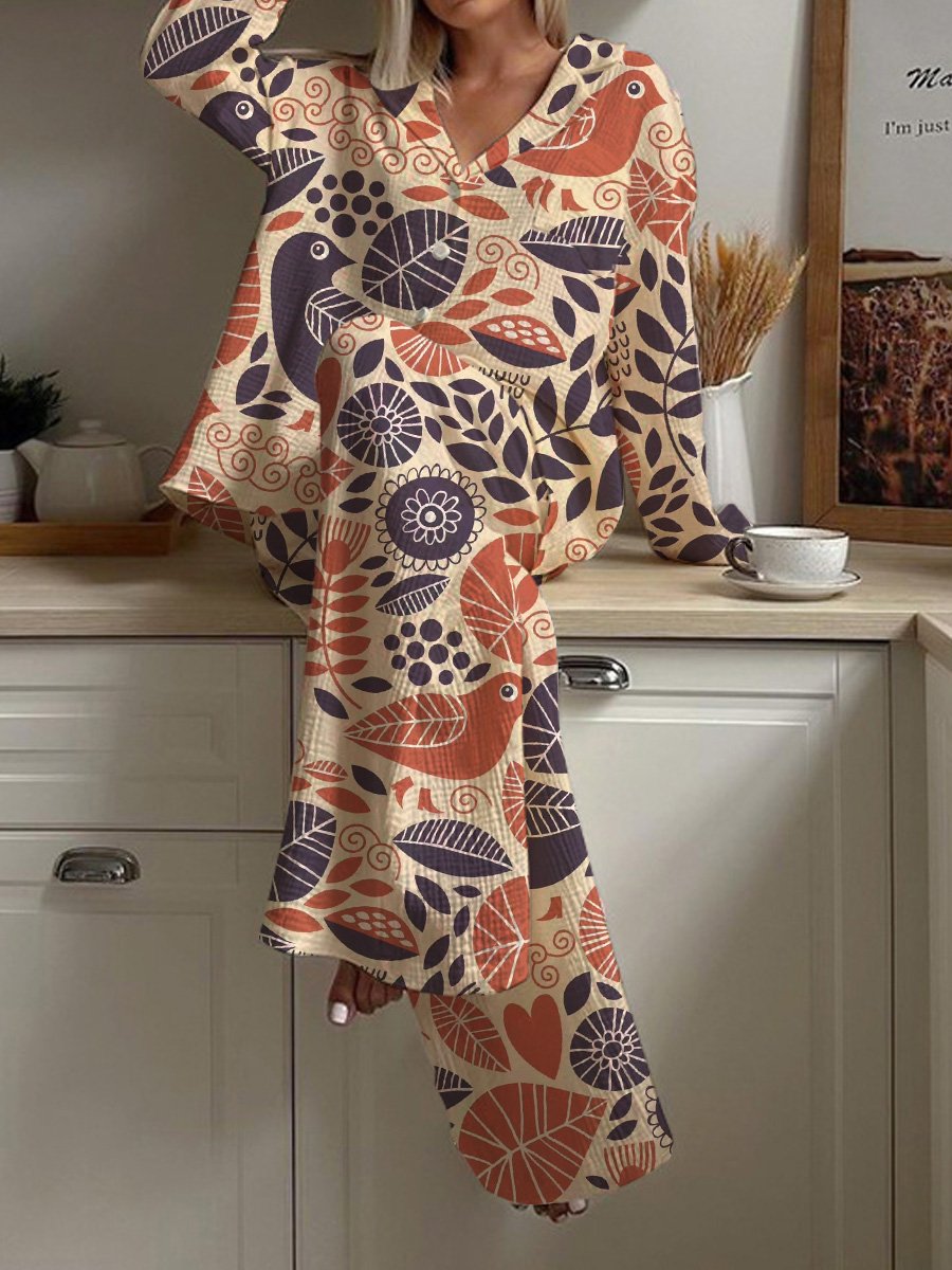 Women's Bird Plant Print Pajama Set