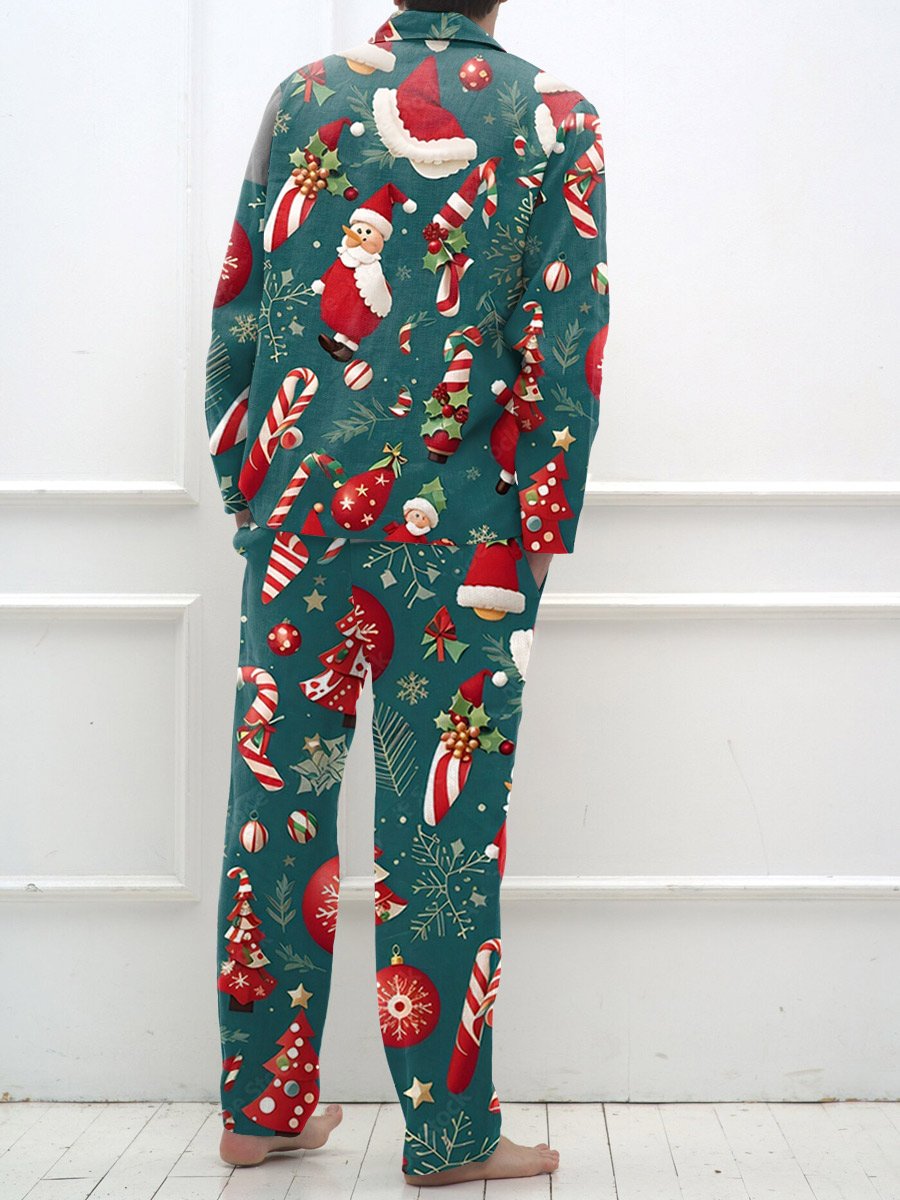 Men's Emerald Green Christmas Printed Lounge Long Sleeve Suit
