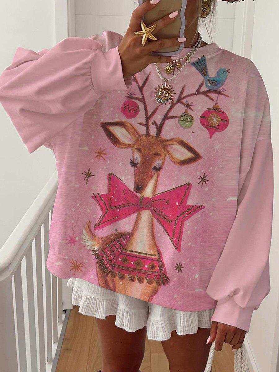 Women's Cotton Pink Christmas Elk Print Home Long Sleeve Sweatshirt