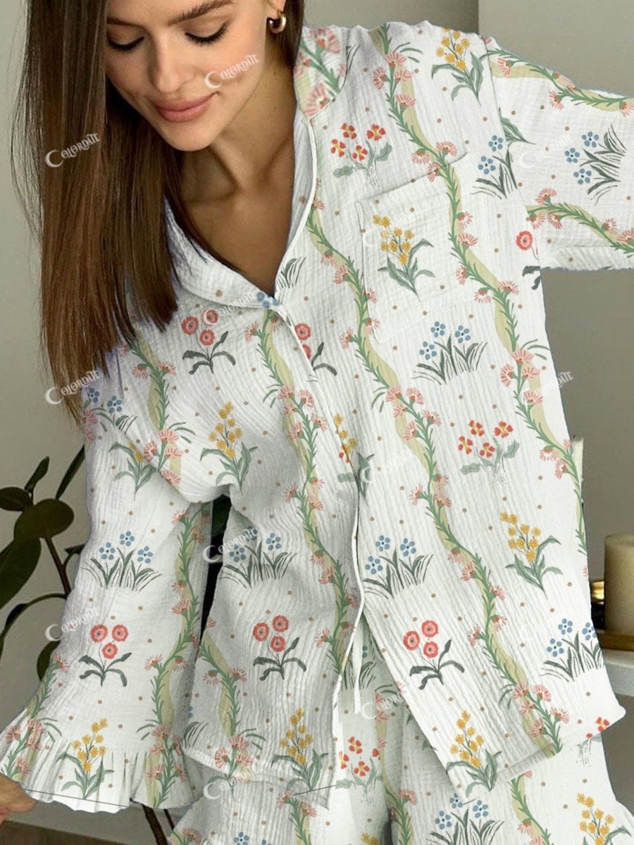 Women's Artistic Floral Printed Lounge Long Sleeve Suit