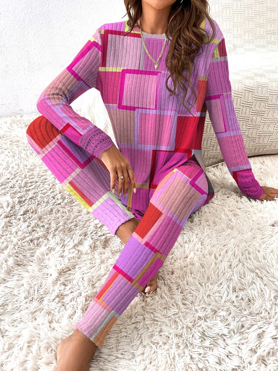 Women's Colorful Plaid Long Sleeve Home Suit