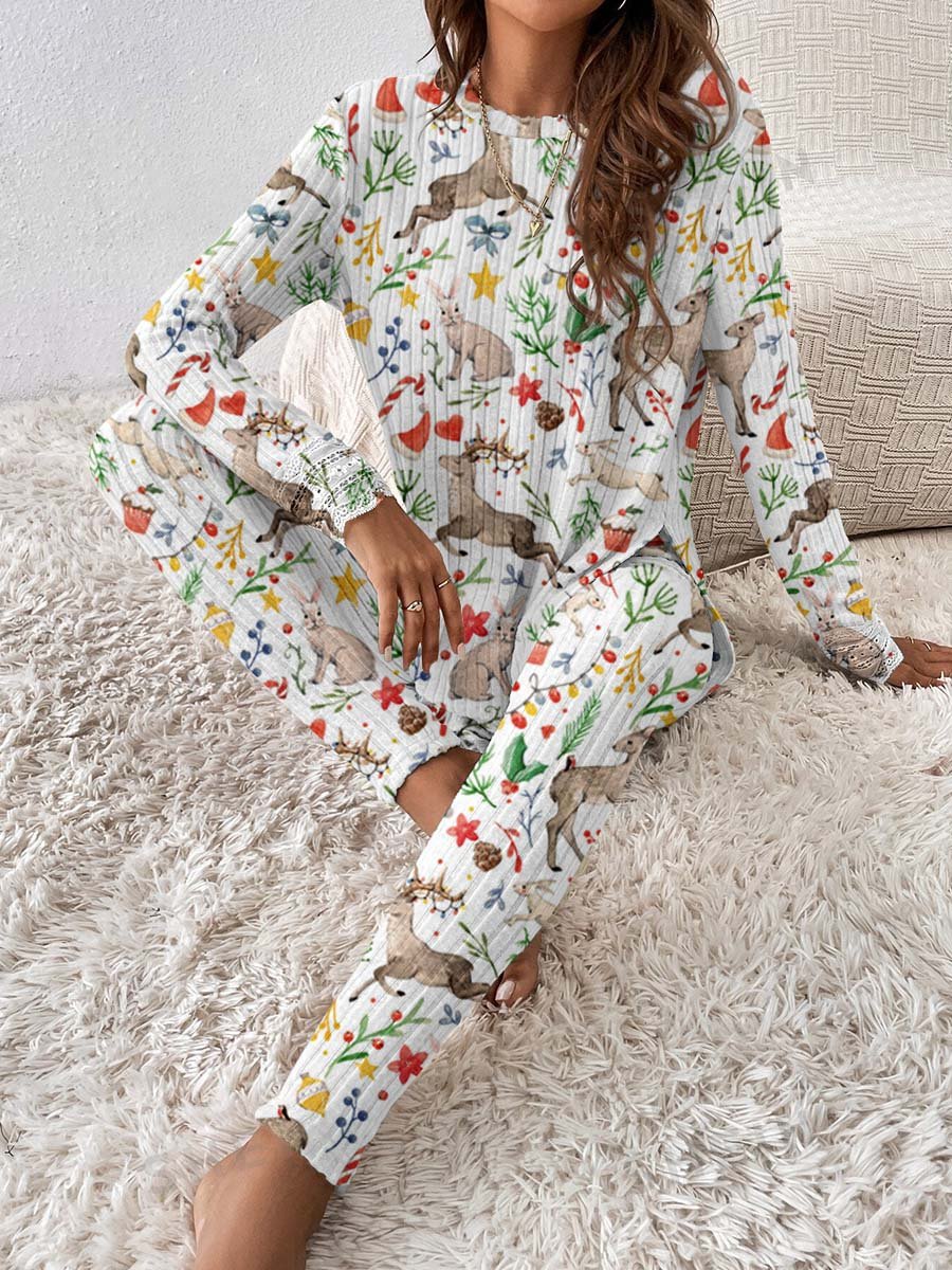 Women's Christmas Elk Graphic Knitted Crew Neck Long Sleeve Suit