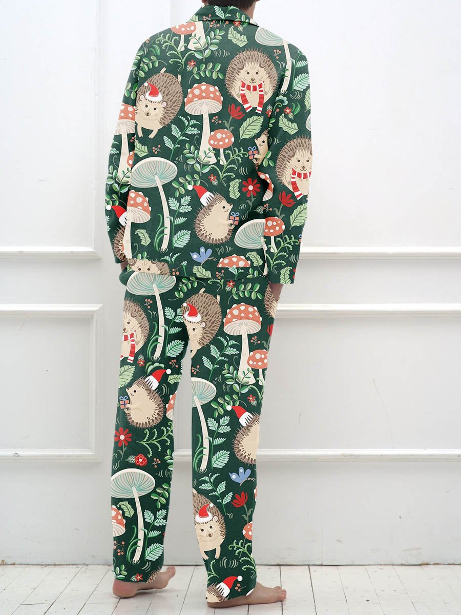Men's Christmas Fun Hedgehog Mushroom Pattern Long Sleeve Pants Suit