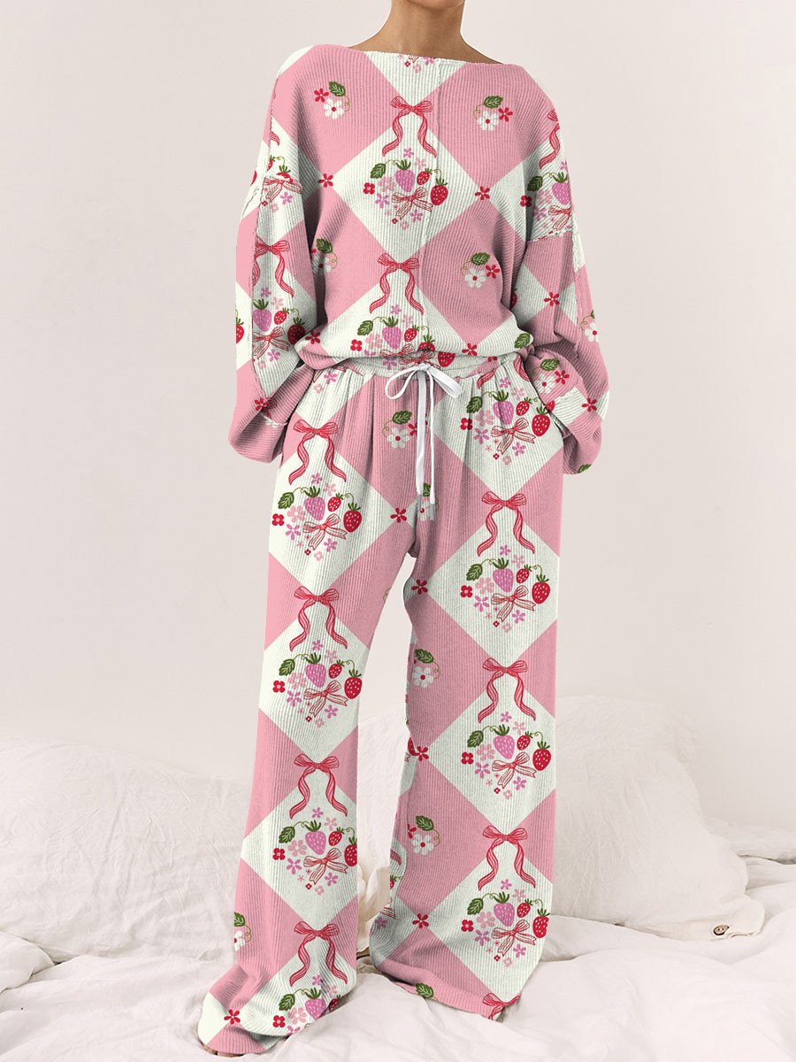 Women's Check Pink Ribbon Pattern Round Neck Long Sleeve Pants Suit