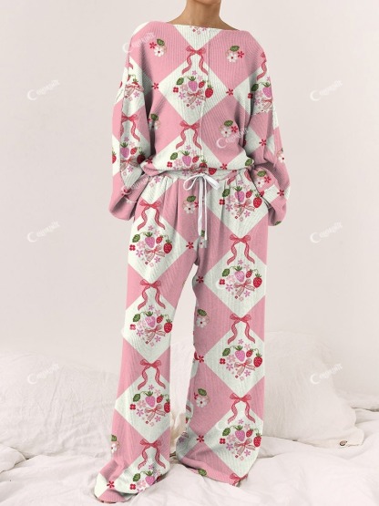Women's Check Pink Ribbon Pattern Round Neck Long Sleeve Pants Suit