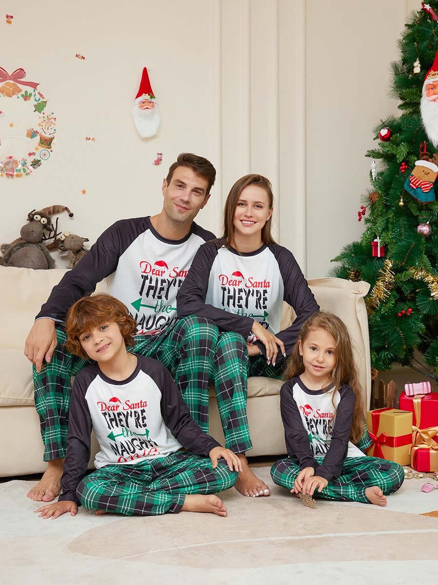 Home Clothes Set Christmas Letters Green Plaid Printed Family Pajamas