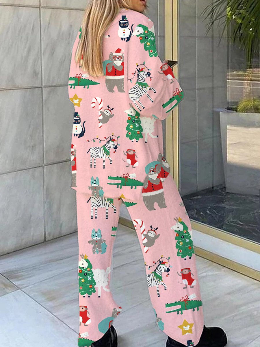 Women's Christmas Animal Print V-Neck Long Sleeve Suit