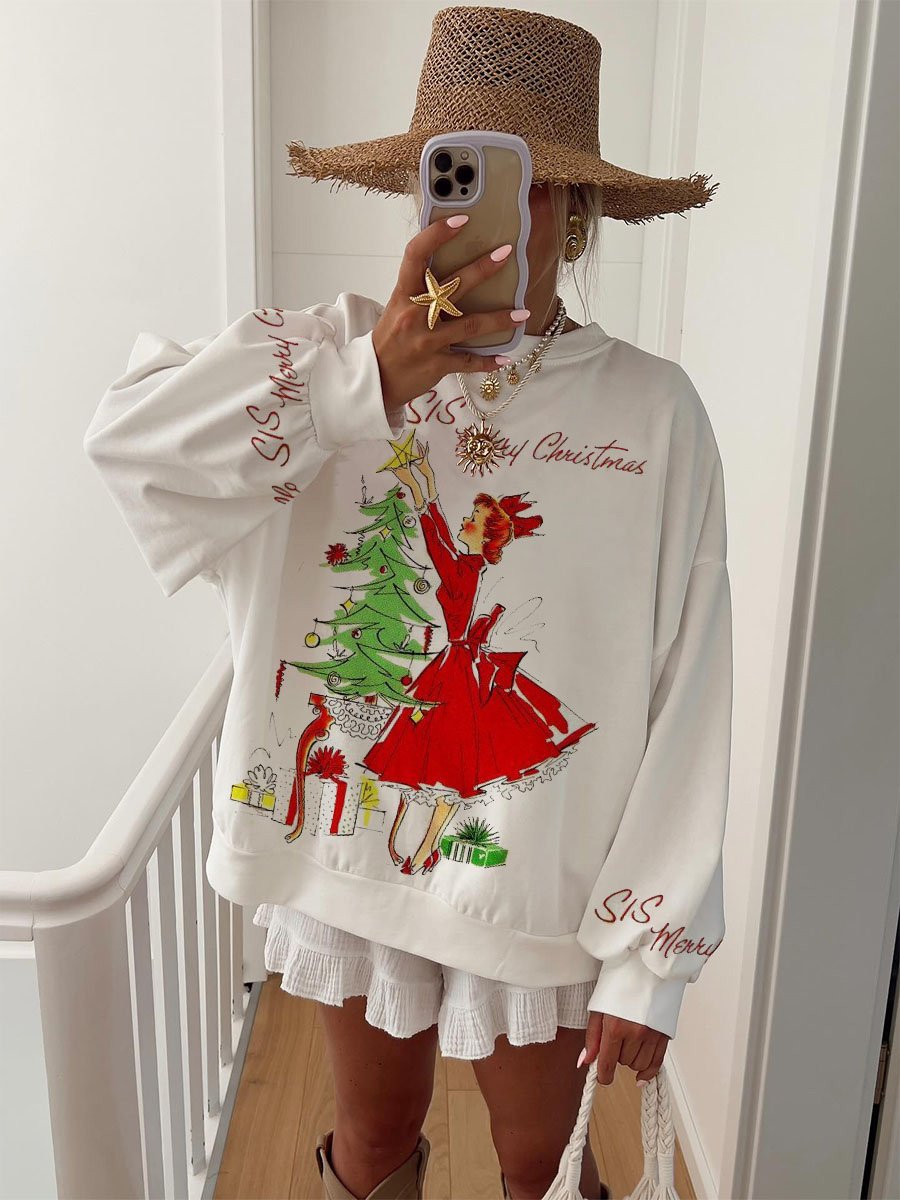 Women's Christmas Red Dress Girls Pattern Round Neck Long Sleeve Sweater