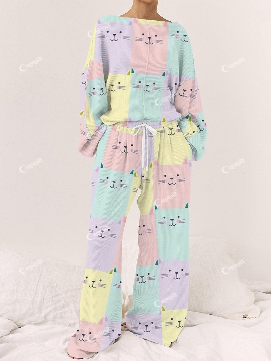 Women's Colorful Plaid Cute Cat Long Sleeve Linen Cotton Suit