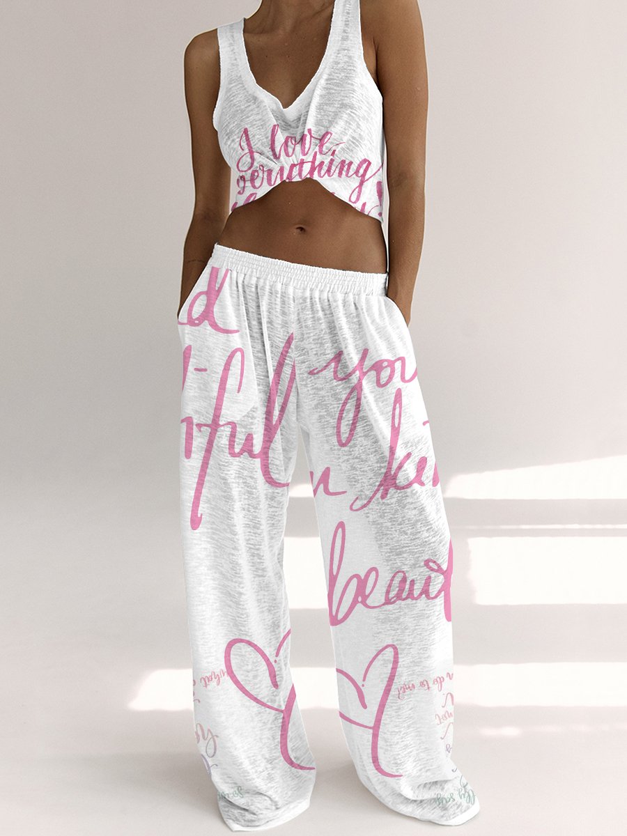Women's Inspirational Print Short Sleeve Pants Set