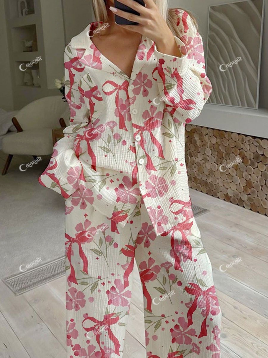 Women's Pink Ribbon Floral Print Linen Cotton Cardigan Homewear Set