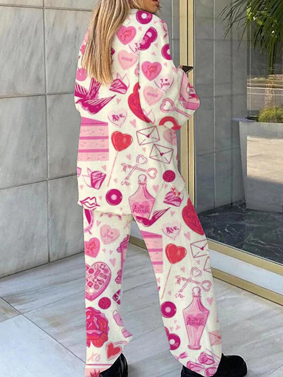 Women's Valentine's Day Love Lock Pattern V-Neck Long Sleeve Pants Suit