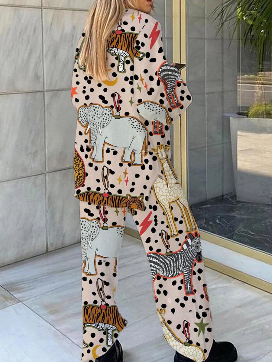 Women's Brown Polka Dot Animal Print Home Long Sleeve Suit