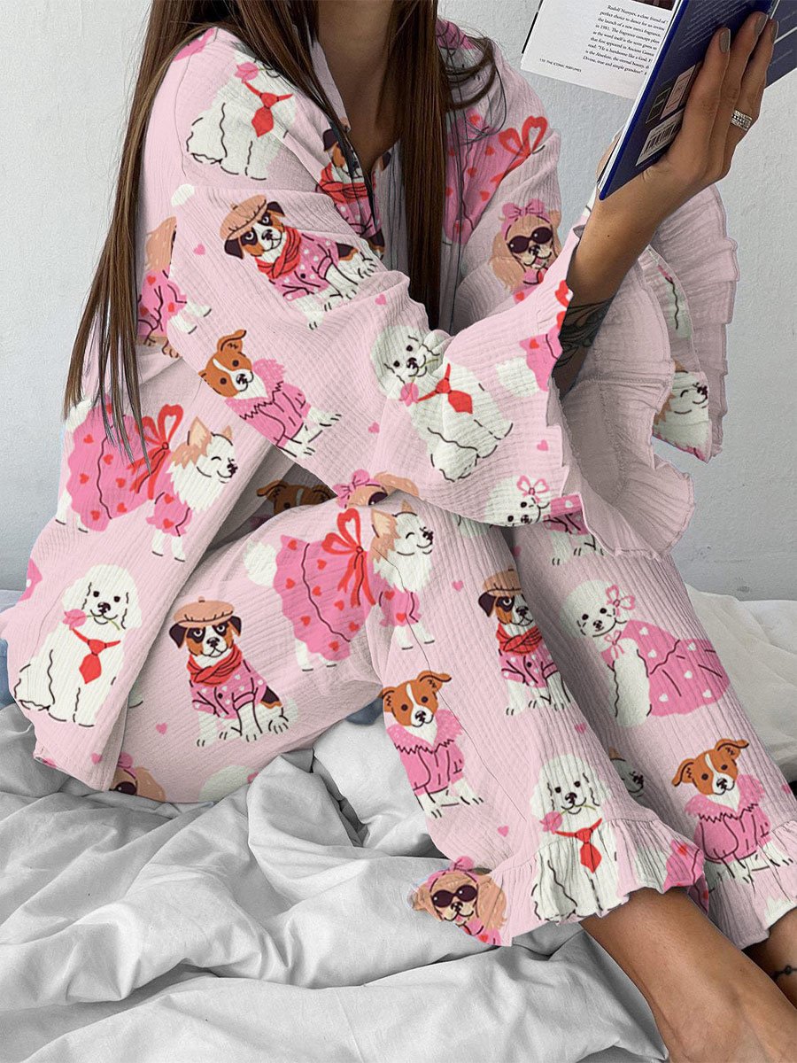 Women's Pink Cute Animal Art Painting Printed Home Long Sleeve Suit