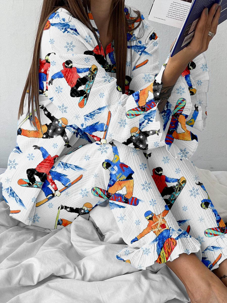 Women's Ski Snowflake Print Cardigan Ruffle Home Set