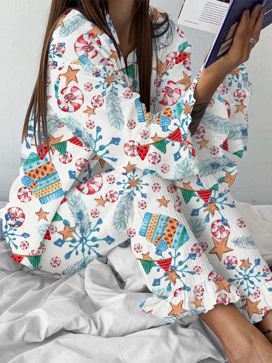 Women's Christmas Snowflake Gloves Bunting Printed Ruffle Homewear Set