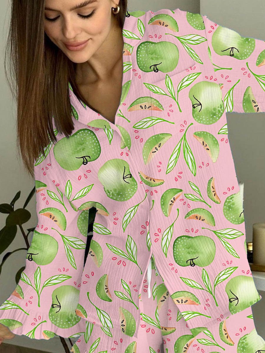 Women's Green Apple Print Ruffled Homewear Set