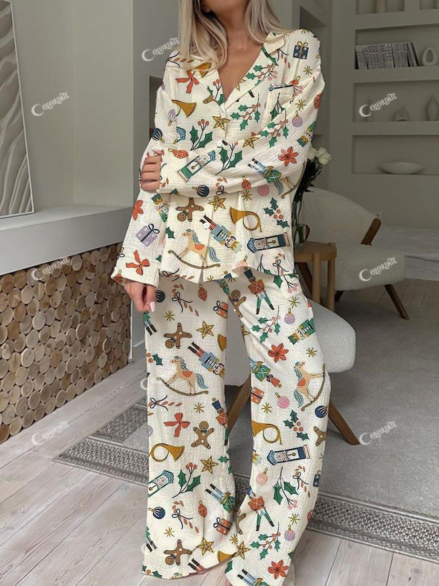 Women's Christmas Printed Ruffle Pajama Set