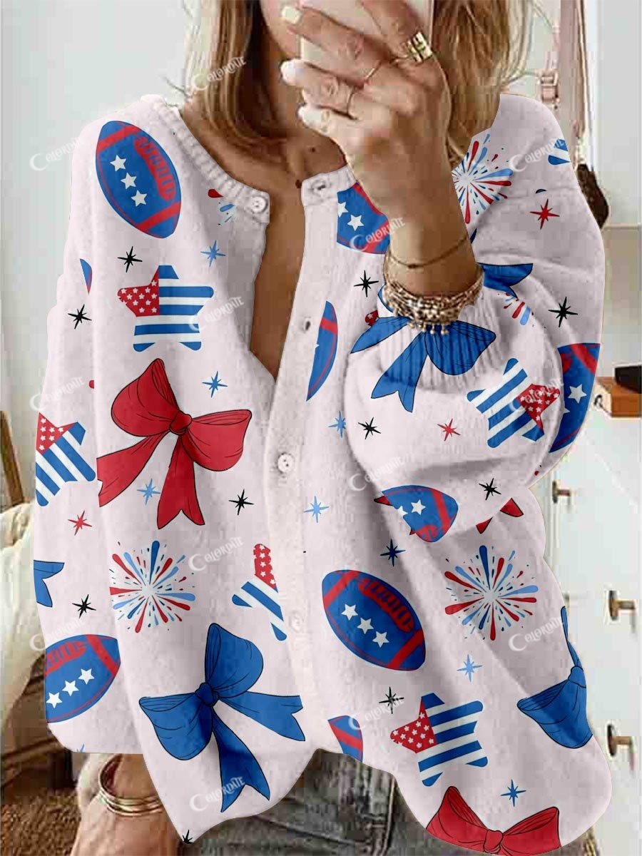 Women's Football Stars Bow Print Cardigan Sweater