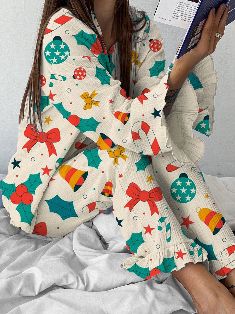 Women's Beige Christmas Art Painting Printed Home Long Sleeve Suit