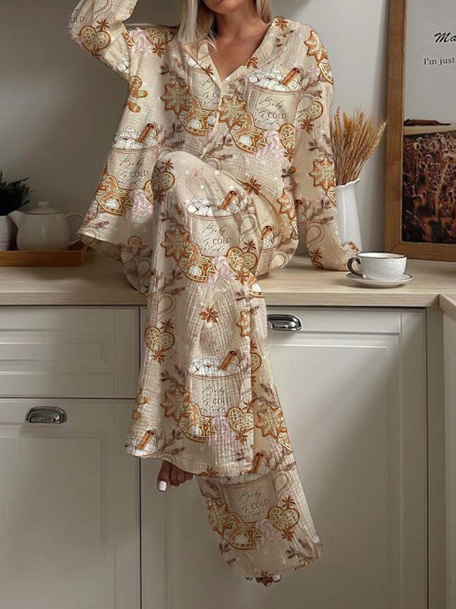 Women's Christmas Sparkling Cookies Hot Tea Pattern Long Sleeve Pants Set