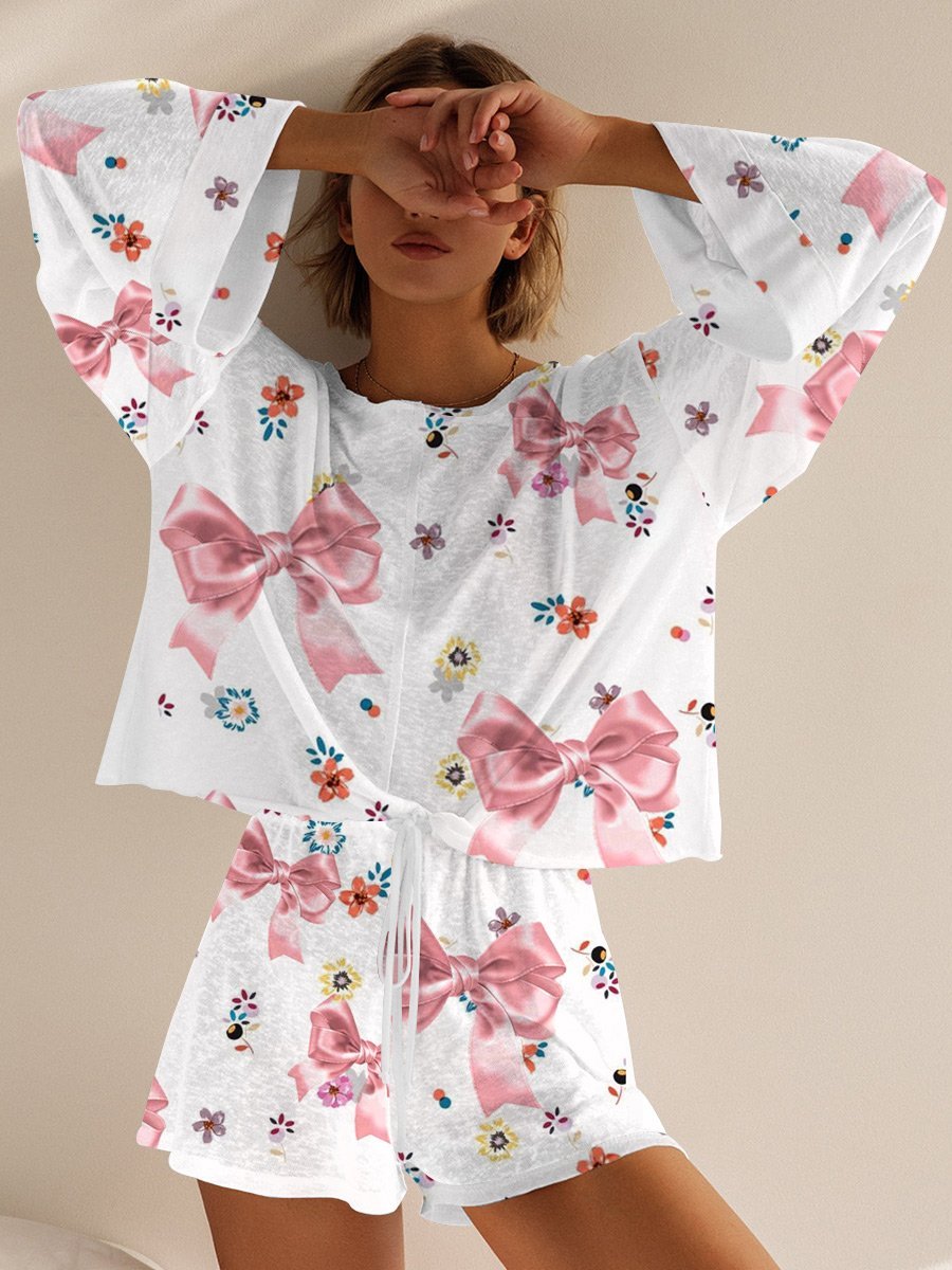 Women's Bow Floral Print Long Sleeve Pajama Set