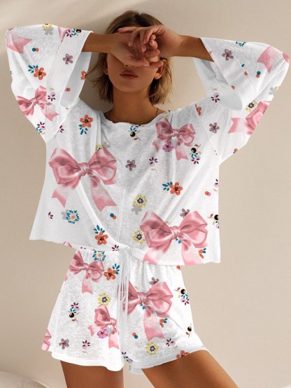 Women's Bow Floral Print Long Sleeve Pajama Set