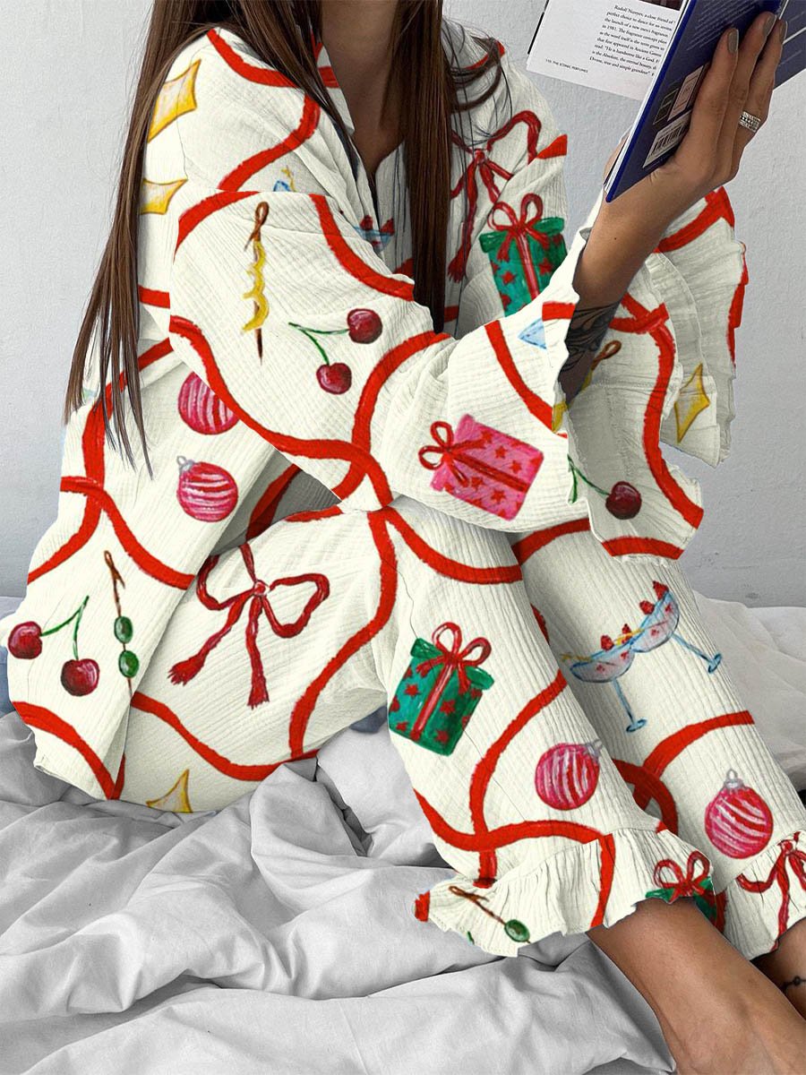 Women's Christmas Bow Candy Cane Ruffles Fairy Pink Pajama Set
