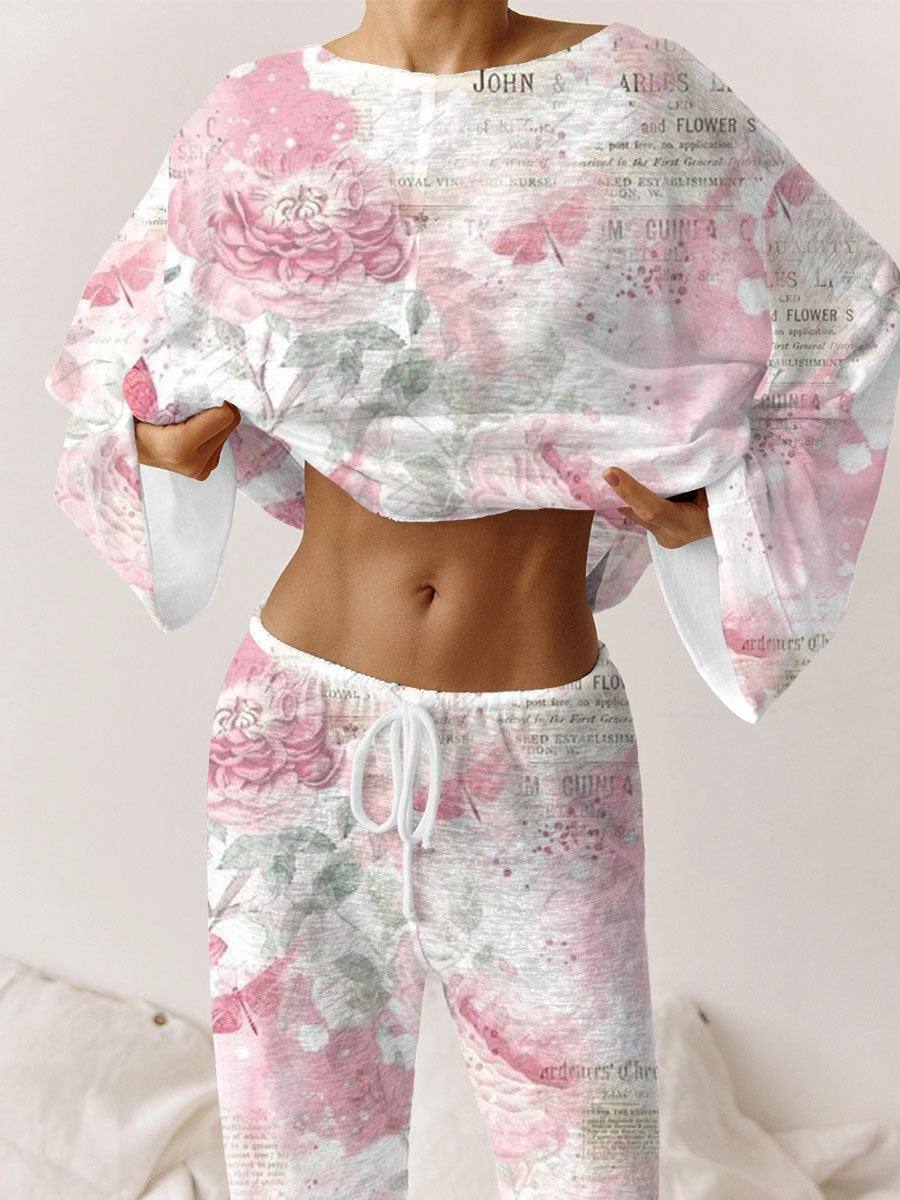 Women's Pink Newspaper Floral Pajama Set