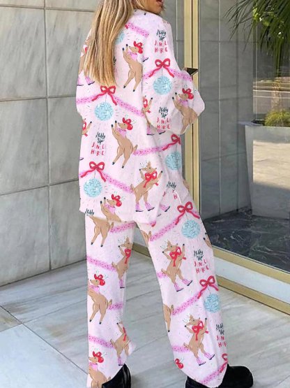 Women's Pink Christmas Funny Animal Print Home Long Sleeve Suit