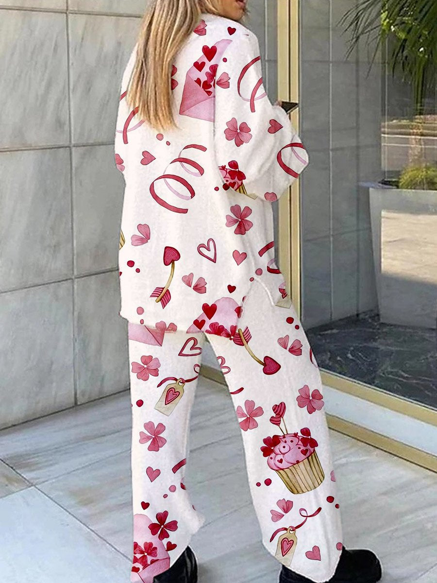 Women's Valentine's Day Envelope Floral Print Fleece Set