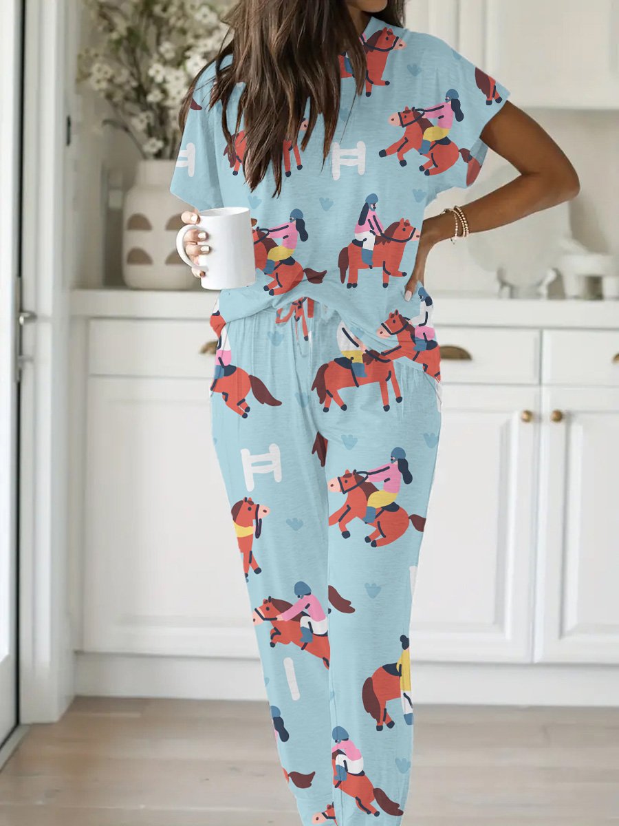 Women's Equestrian Print Short Sleeve Pajama Set