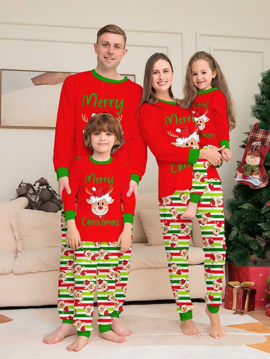 Christmas Hat Deer Head Print Family Lounge Clothing Set