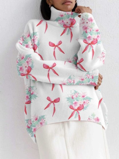 Women's Bow Floral Turtleneck Sweater