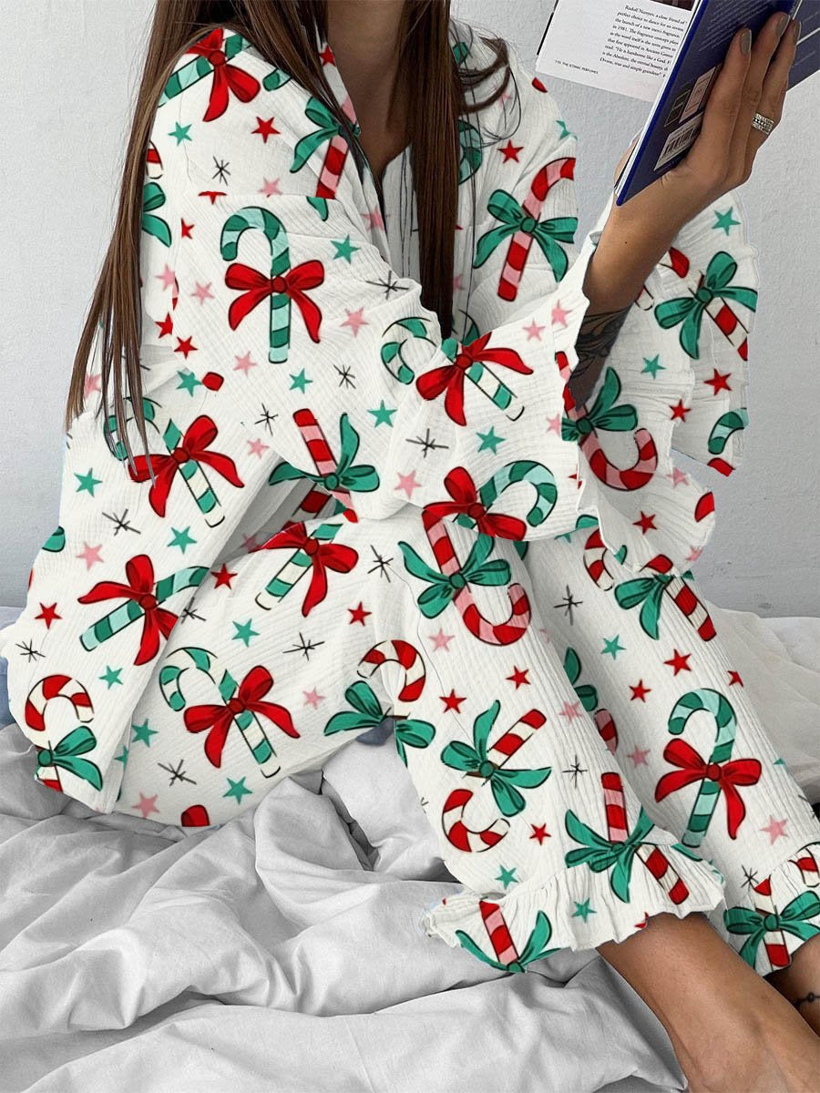 Women's Simple Candy Cane Bow Print Linen Cotton Suit