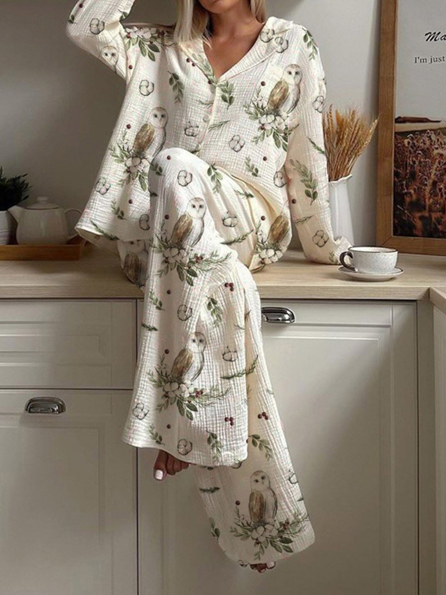 Women's Owl Flora Pattern Long Sleeve Pants Set